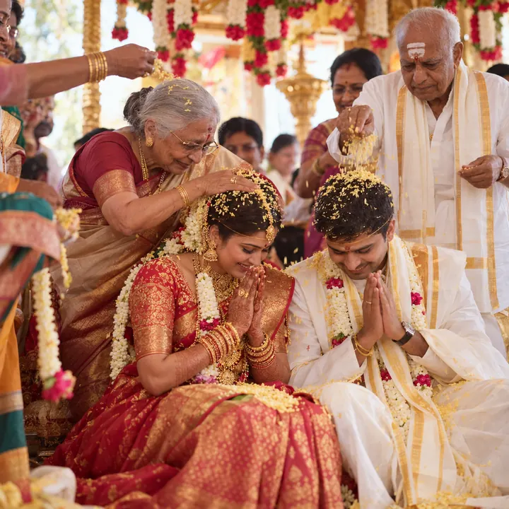 Grandparents blessing the couple with akshintalu